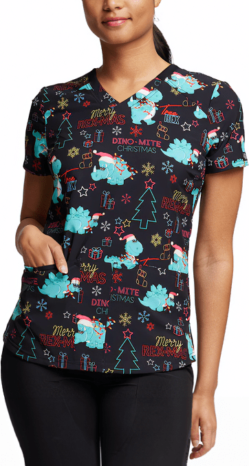 Merry Rex - mas Dinosaur Dickies EDS Print Christmas V Neck Scrub Top DK876 MRRX - Scrubs Select