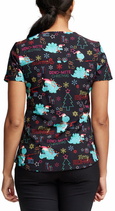 Merry Rex - mas Dinosaur Dickies EDS Print Christmas V Neck Scrub Top DK876 MRRX - Scrubs Select