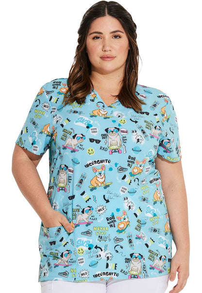 Never Stop Rollin' Dickies Dog Print EDS V Neck Scrub Top DK717 NVSR - Scrubs Select