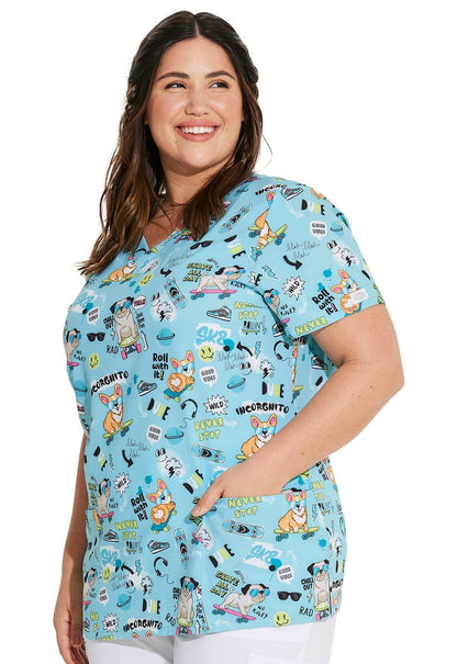 Never Stop Rollin' Dickies Dog Print EDS V Neck Scrub Top DK717 NVSR - Scrubs Select