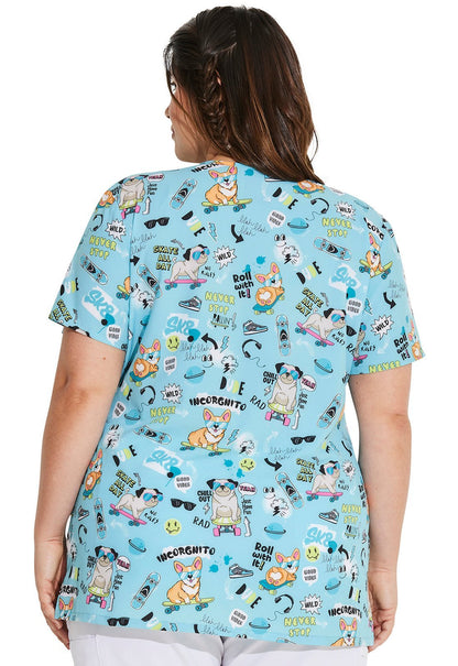 Never Stop Rollin' Dickies Dog Print EDS V Neck Scrub Top DK717 NVSR - Scrubs Select