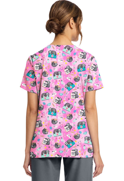 Nurse Sloth Cherokee Print V Neck Scrub Top CK856 NUSH - Scrubs Select