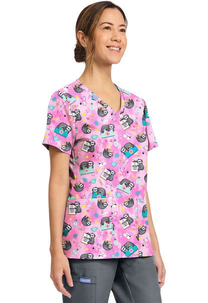 Nurse Sloth Cherokee Print V Neck Scrub Top CK856 NUSH - Scrubs Select