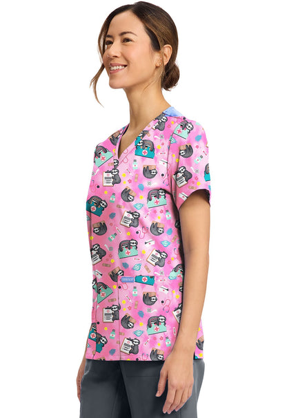 Nurse Sloth Cherokee Print V Neck Scrub Top CK856 NUSH - Scrubs Select