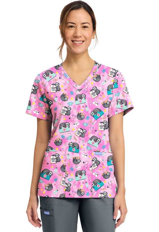 Nurse Sloth Cherokee Print V Neck Scrub Top CK856 NUSH - Scrubs Select