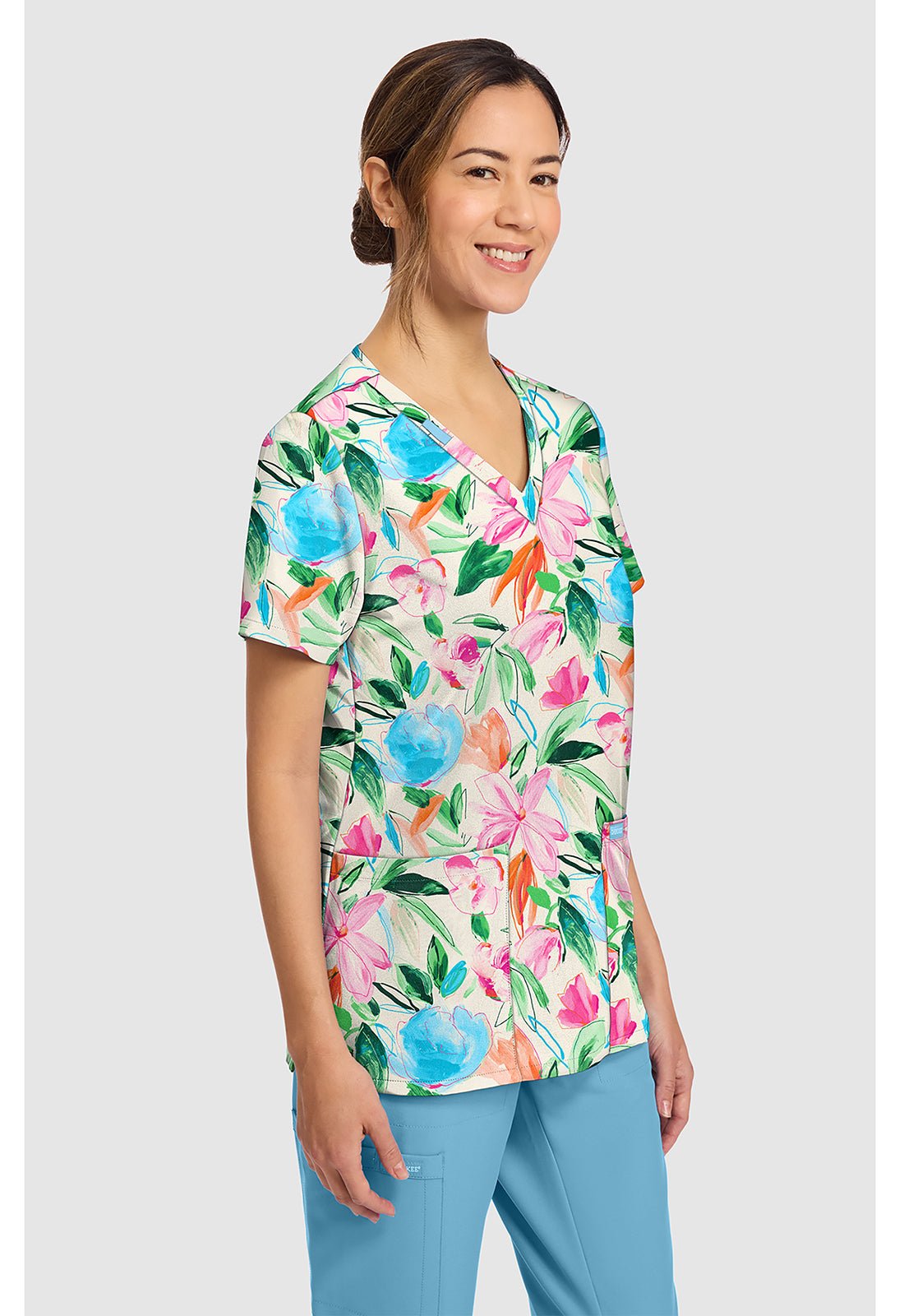 Painterly Floral Cherokee Scrubs Print V Neck Top CK856 PLFR - Scrubs Select