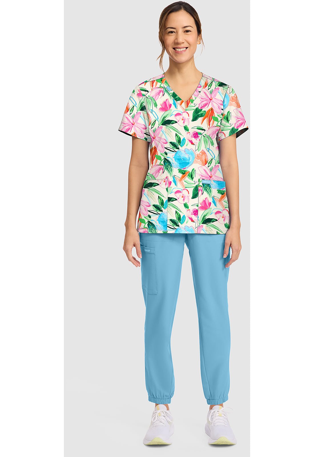 Painterly Floral Cherokee Scrubs Print V Neck Top CK856 PLFR - Scrubs Select