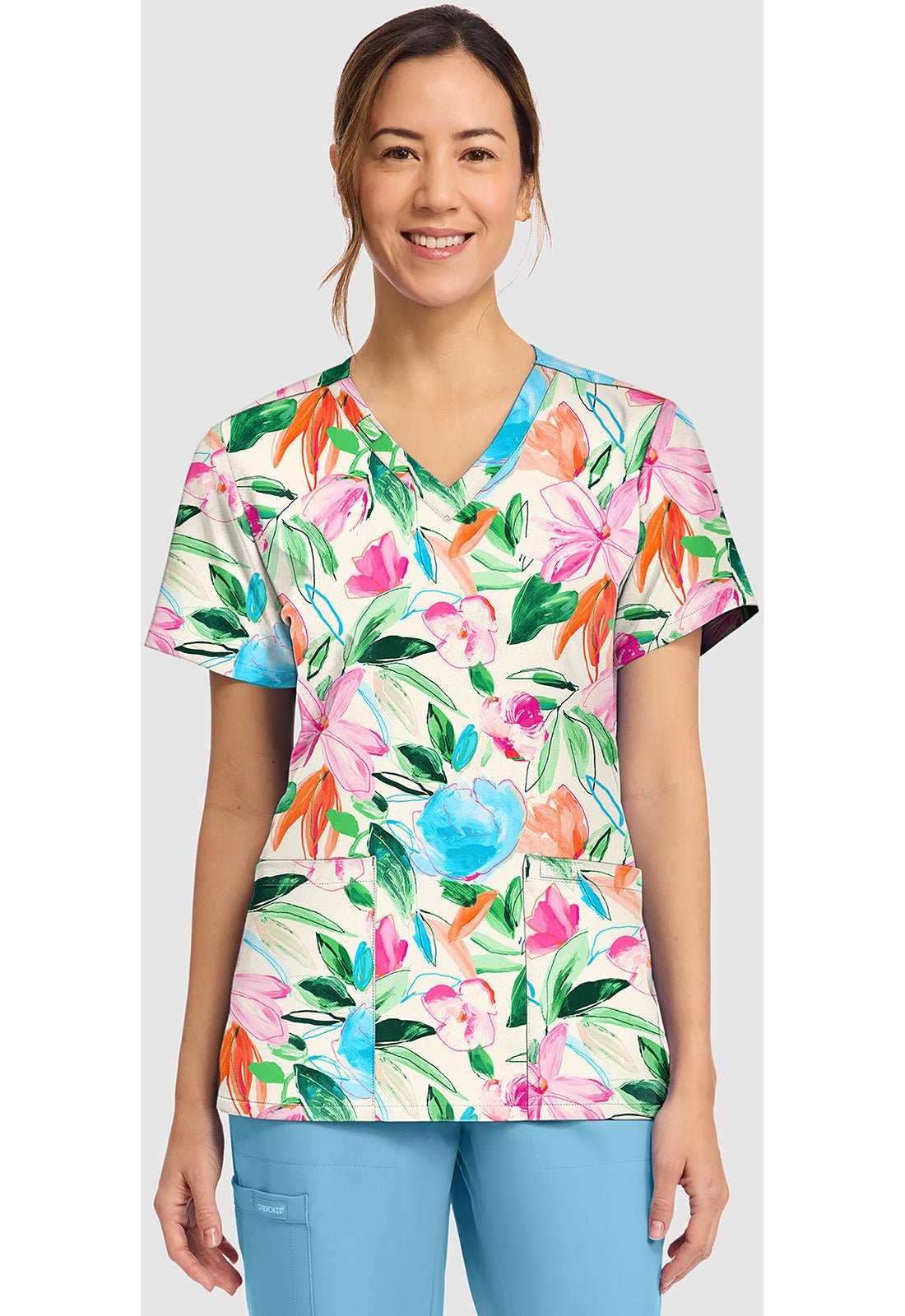 Painterly Floral Cherokee Scrubs Print V Neck Top CK856 PLFR - Scrubs Select