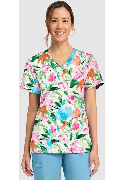Painterly Floral Cherokee Scrubs Print V Neck Top CK856 PLFR - Scrubs Select