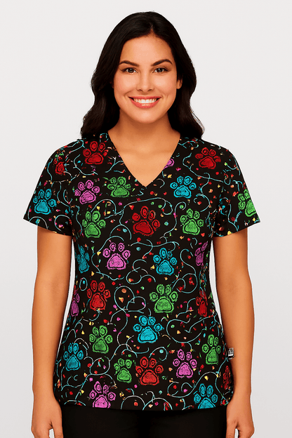 Pawfect Lights Zavate Print Christmas Scrub V Neck Top 1054 PWLT - Scrubs Select