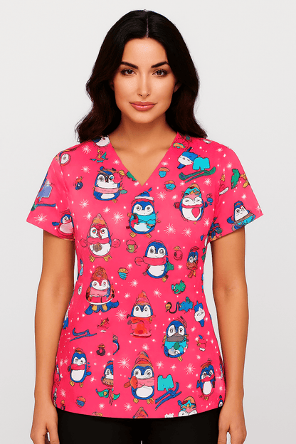 Penguin Palooza Zavate Print Winter Scrub V Neck Top 1054 PNPA - Scrubs Select