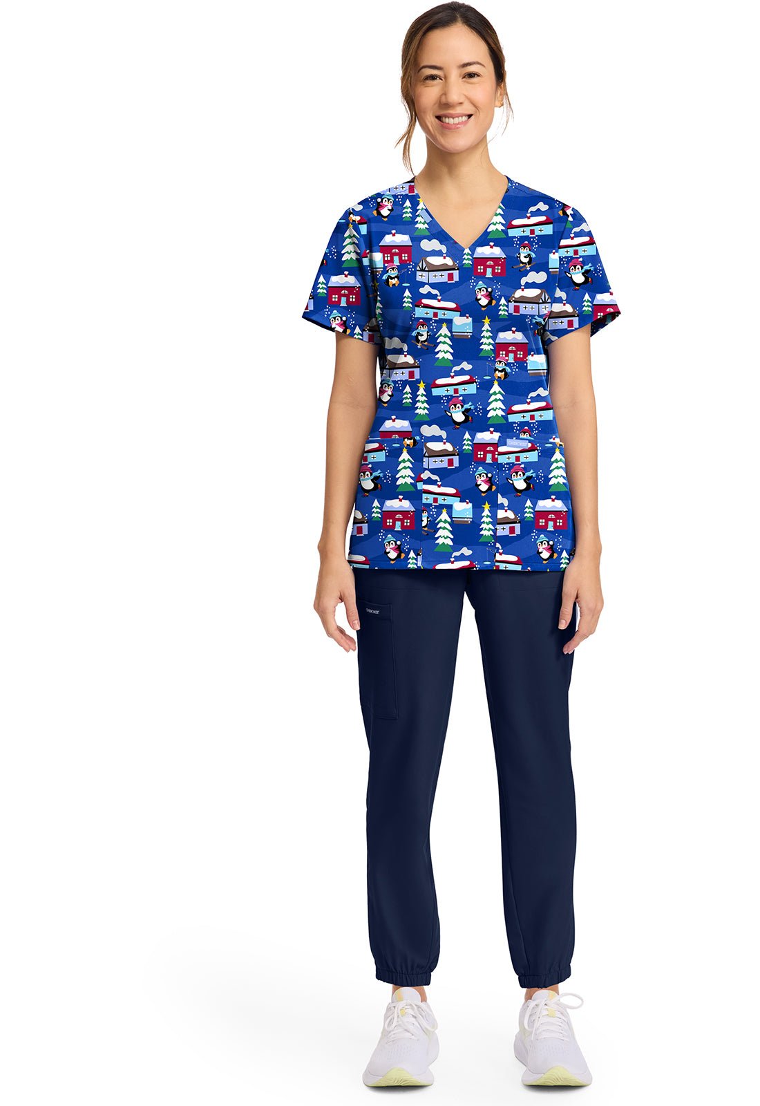 Penguins Playing Cherokee Scrubs Print V Neck Top CK856 PGPY - Scrubs Select