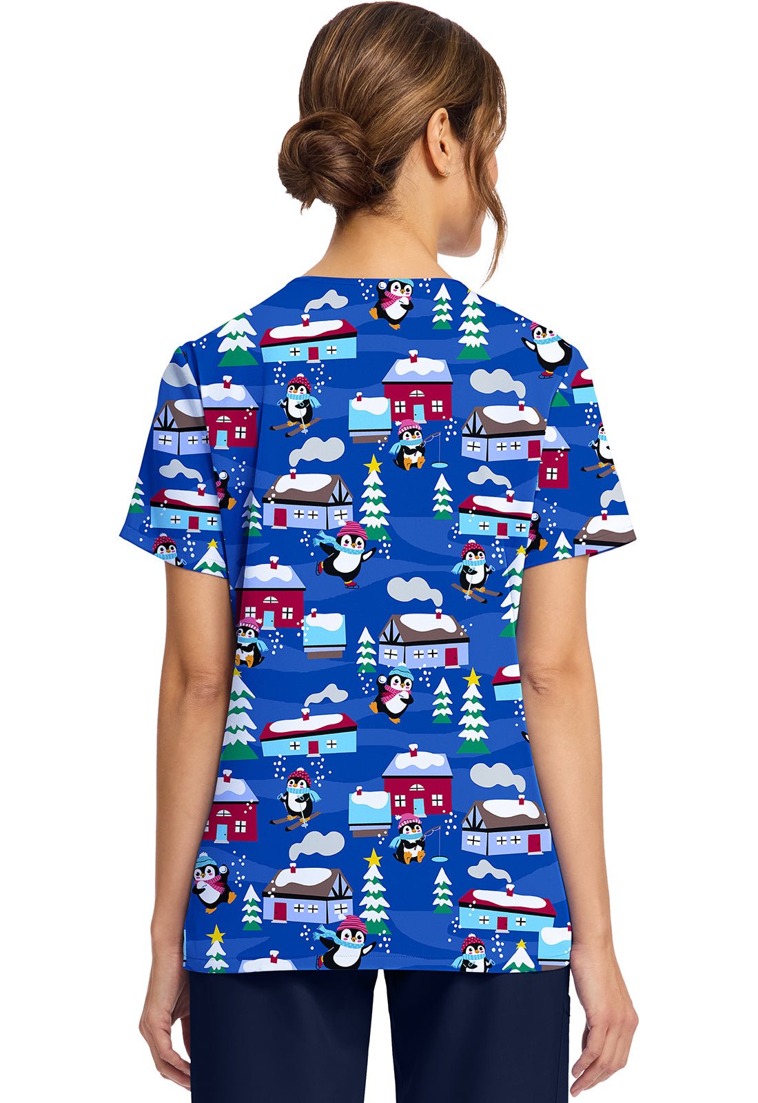 Penguins Playing Cherokee Scrubs Print V Neck Top CK856 PGPY - Scrubs Select