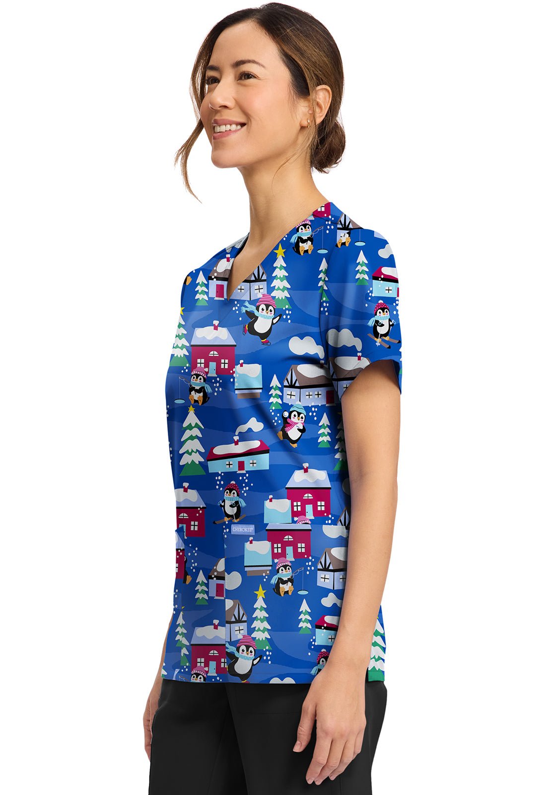 Penguins Playing Cherokee Scrubs Print V Neck Top CK856 PGPY - Scrubs Select