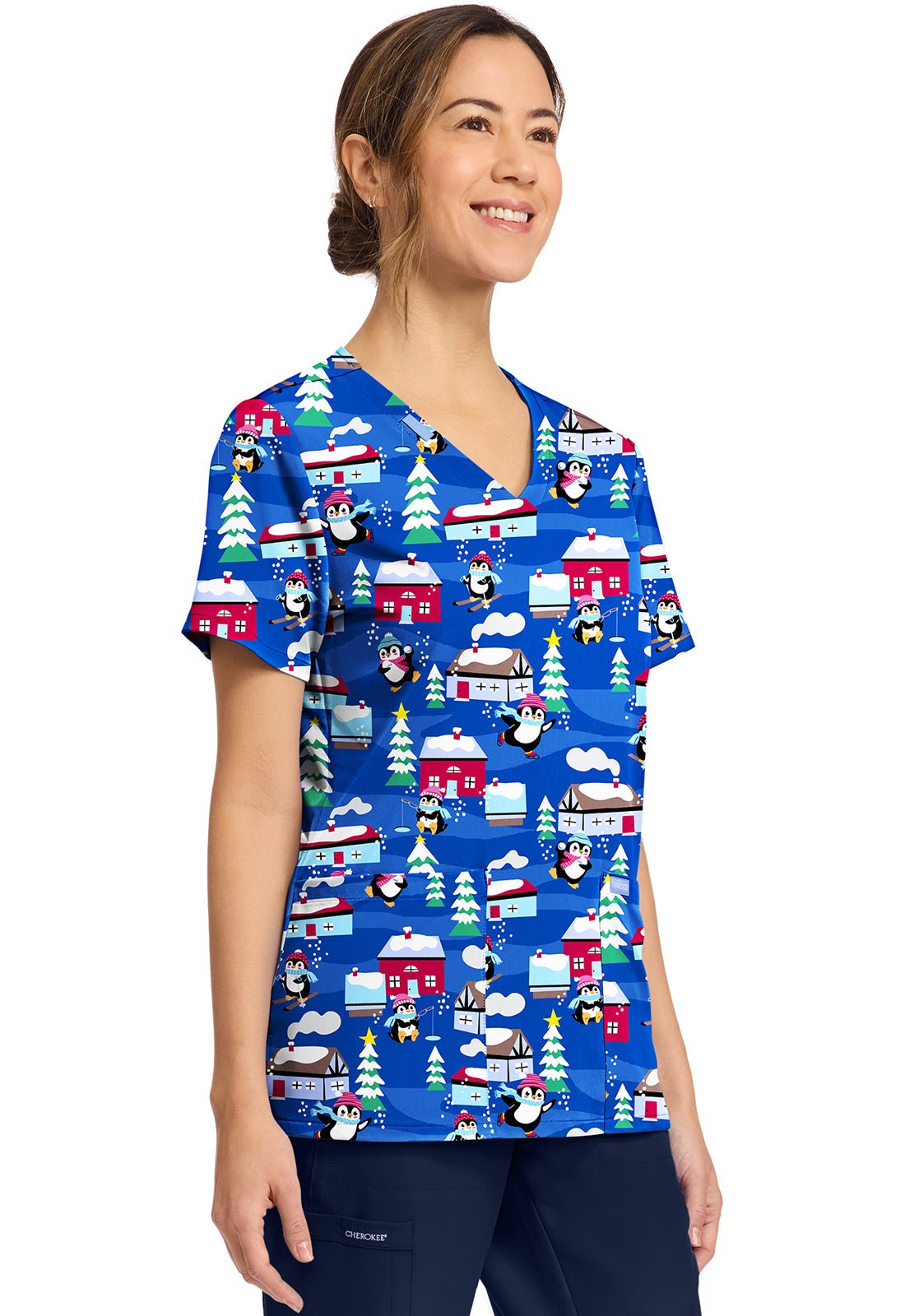 Penguins Playing Cherokee Scrubs Print V Neck Top CK856 PGPY - Scrubs Select
