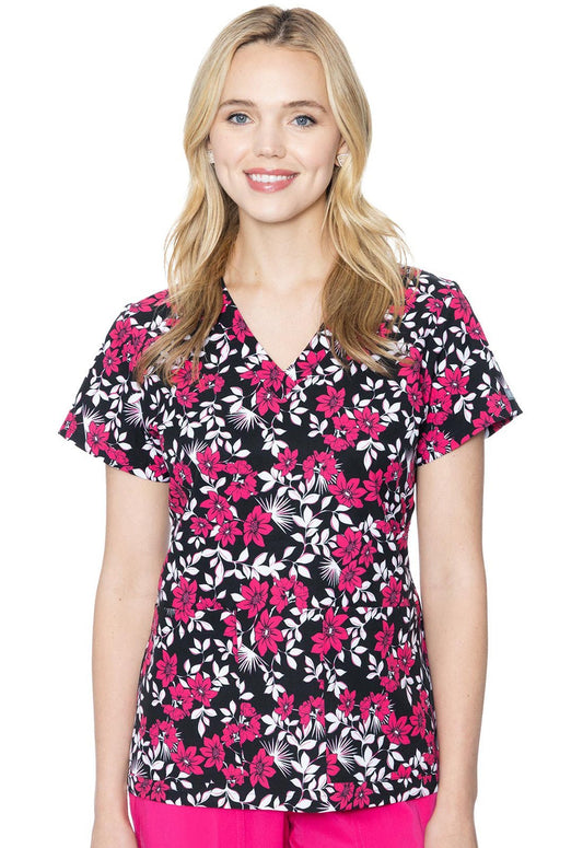 Pink Flower Power Med Couture Print V Neck Scrub Top MC8564 PKPW - Scrubs Select