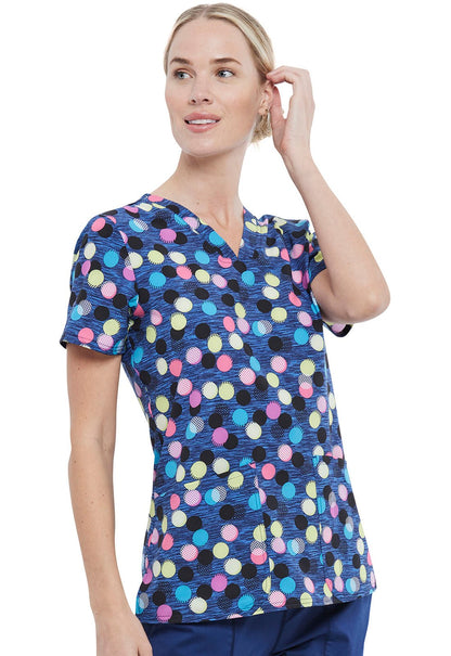 Polka Dot Cherokee Print V Neck Scrub Top CK671 GEOJ - Scrubs Select