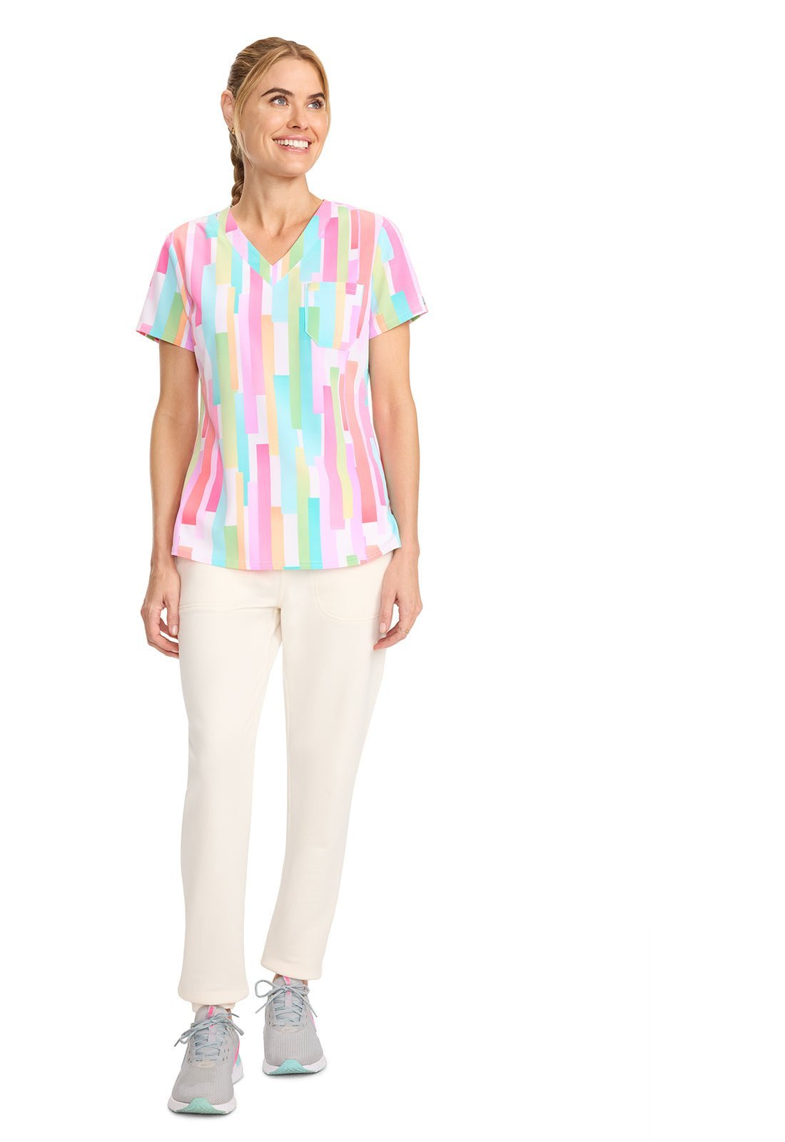 Pop Stripes Med Couture Print V Neck Scrub Top MC632 PPST - Scrubs Select