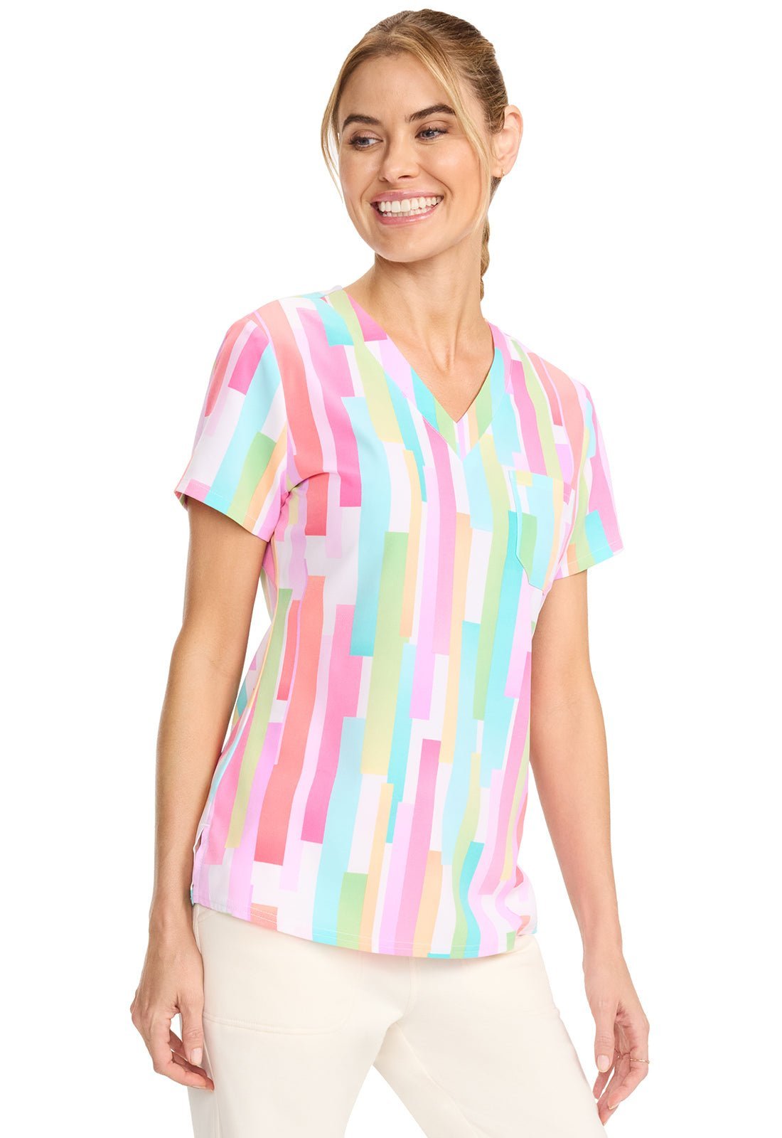 Pop Stripes Med Couture Print V Neck Scrub Top MC632 PPST - Scrubs Select