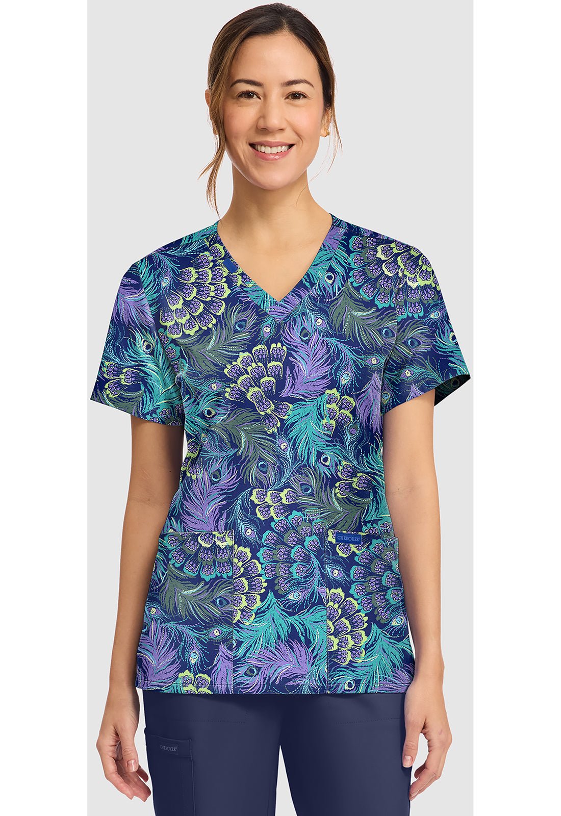 Pretty Peacock Cherokee Print V - Neck Scrub Top CK856 PYPC - Scrubs Select