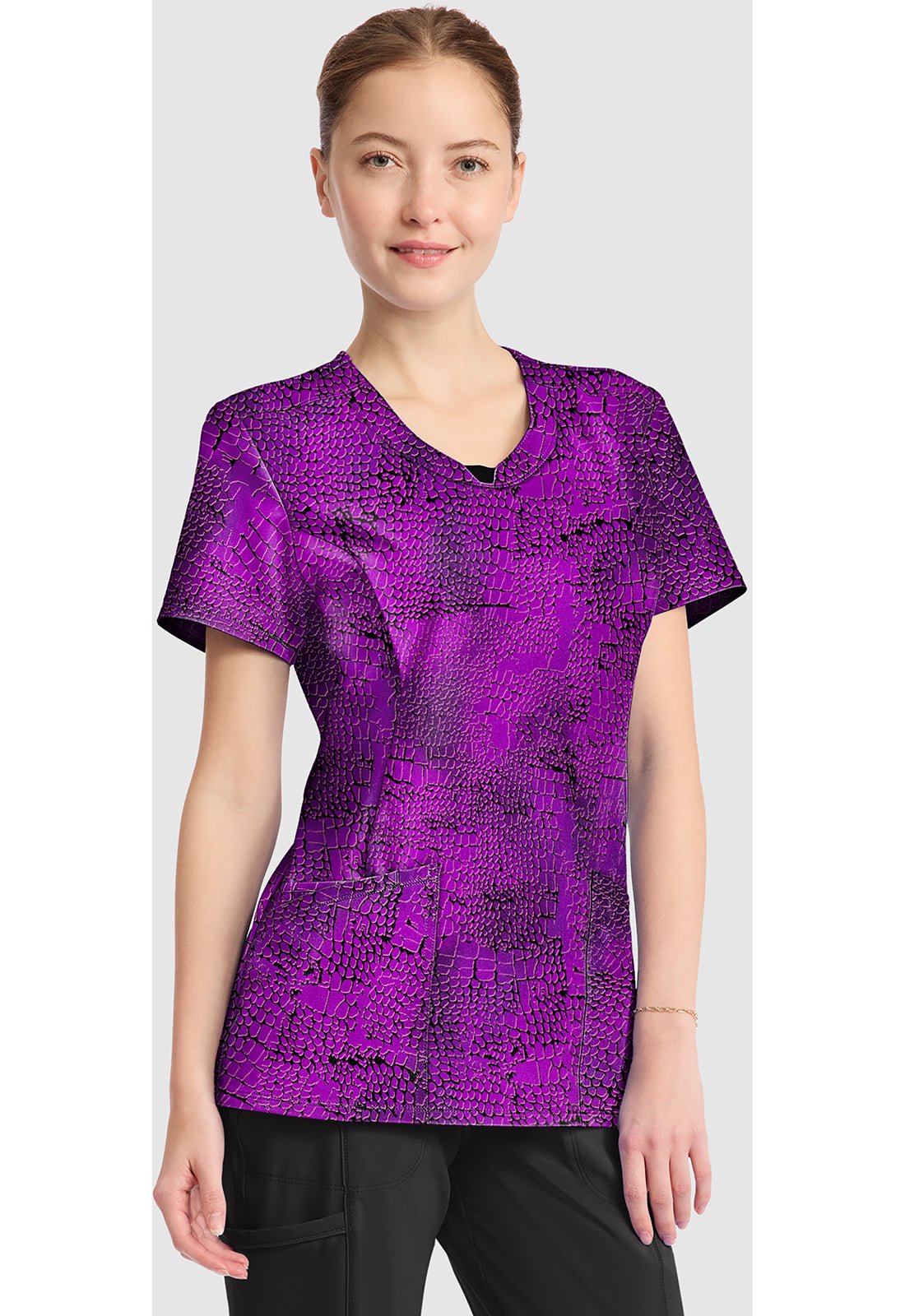 Pretty Python Cherokee Infinity Print Round Neck Scrub Top CK609 PRTY - Scrubs Select