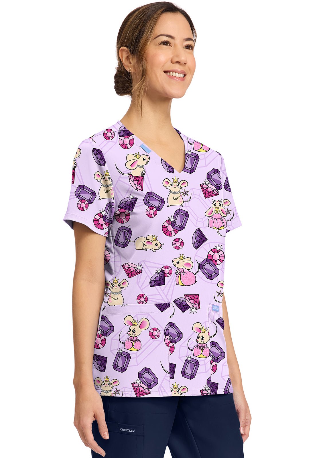 Princess Mouse Cherokee Scrubs Print V Neck Top CK856 PRMO - Scrubs Select