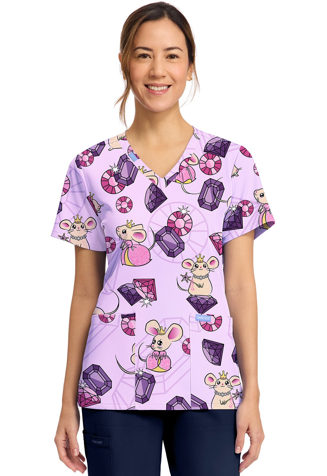 Princess Mouse Cherokee Scrubs Print V Neck Top CK856 PRMO - Scrubs Select