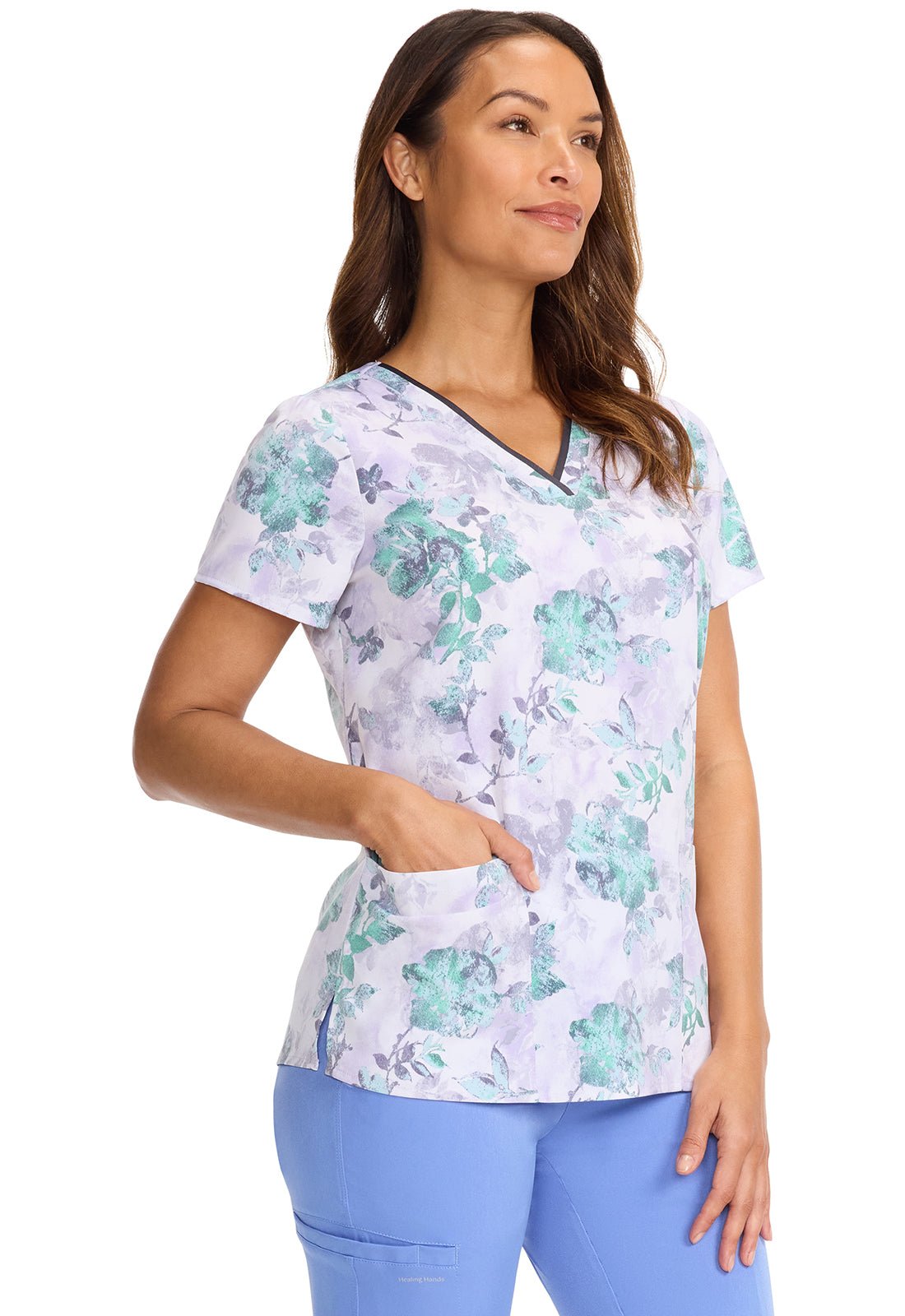 Quiet Petals Healing Hands Amanda Print Scrub V Neck Top HH910 QTPT - Scrubs Select