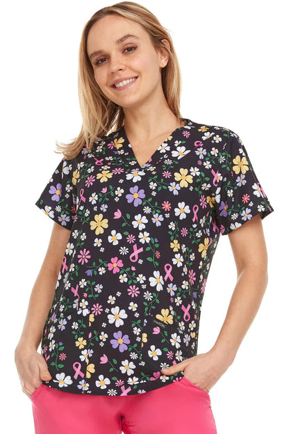 Ribbon Flower Medichic Print V Neck Scrub Top MC4512 - 62 - Scrubs Select