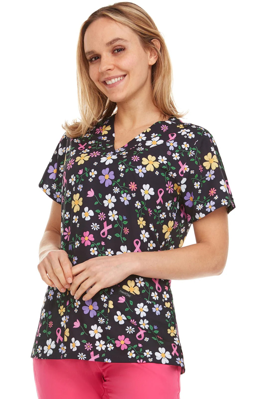 Ribbon Flower Medichic Print V Neck Scrub Top MC4512 - 62 - Scrubs Select
