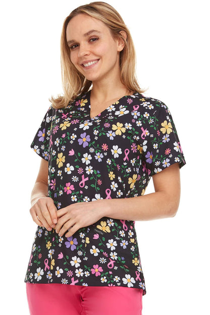 Ribbon Flower Medichic Print V Neck Scrub Top MC4512 - 62 - Scrubs Select