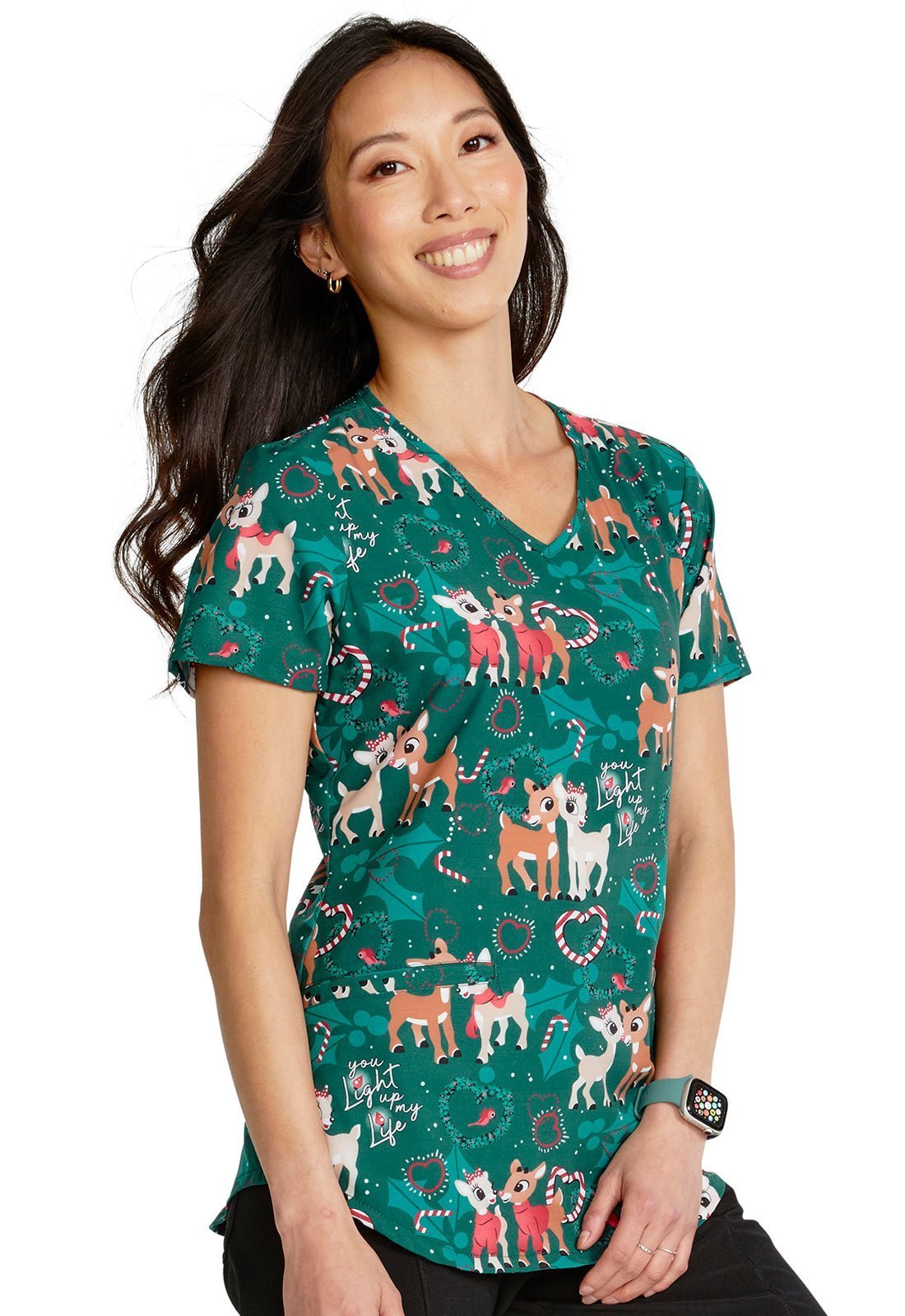 Rudolph Cherokee Tooniforms Christmas V Neck Scrub Top TF737 RULP - Scrubs Select