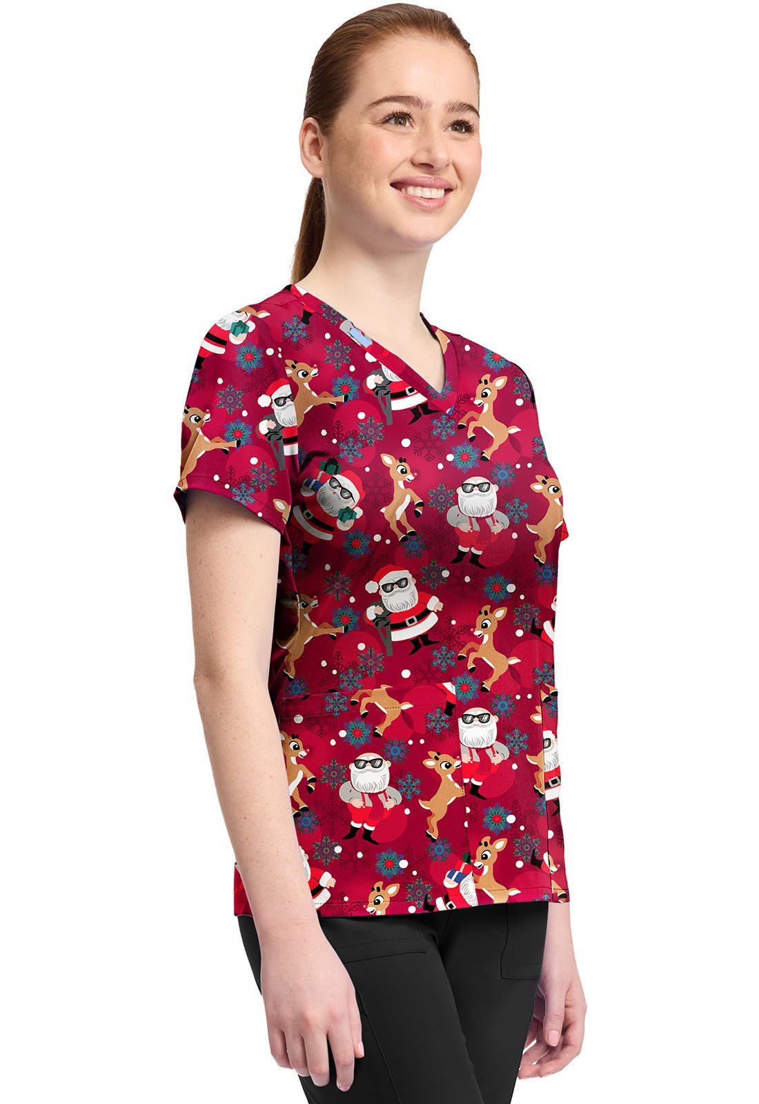 Rudolph Santa Tooniforms Licensed Christmas V Neck Scrub Top TF796 RUFB - Scrubs Select