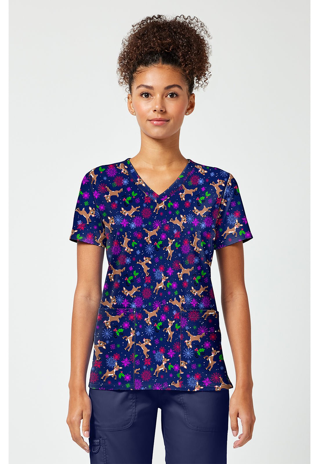 Rudolph Santa Tooniforms Licensed Christmas V Neck Scrub Top TF796 RUSO - Scrubs Select