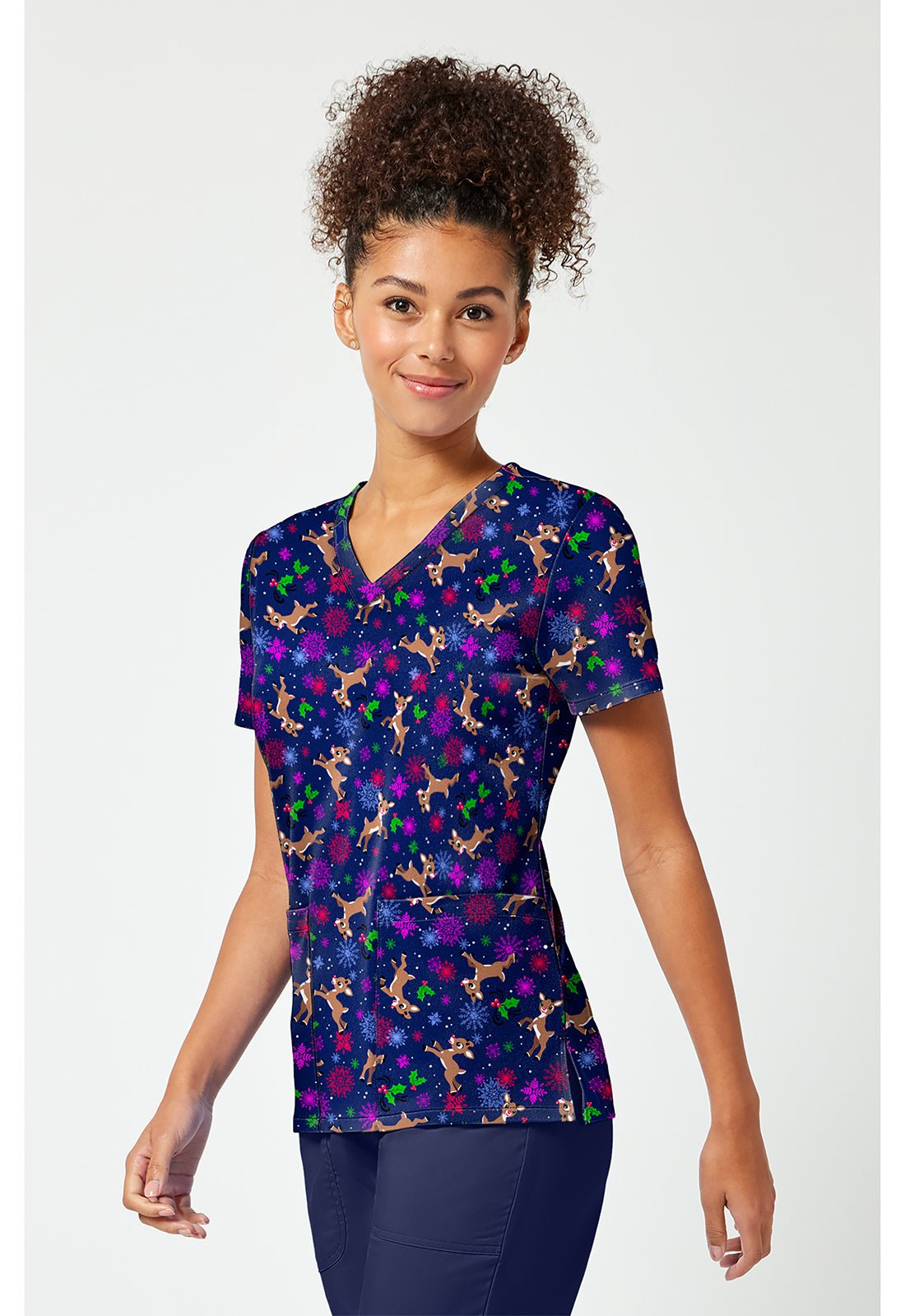 Rudolph Santa Tooniforms Licensed Christmas V Neck Scrub Top TF796 RUSO - Scrubs Select