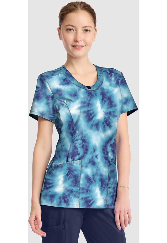 Saltwater Tie Dye Cherokee Infinity Print Round Neck Scrub Top CK609 STTD - Scrubs Select
