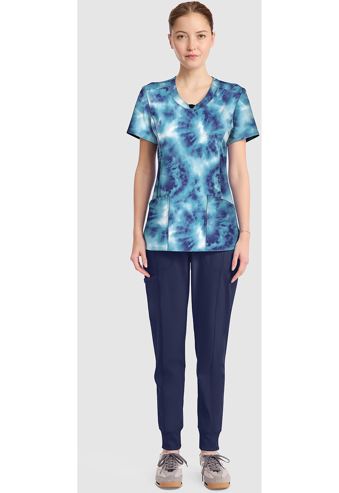 Saltwater Tie Dye Cherokee Infinity Print Round Neck Scrub Top CK609 STTD - Scrubs Select