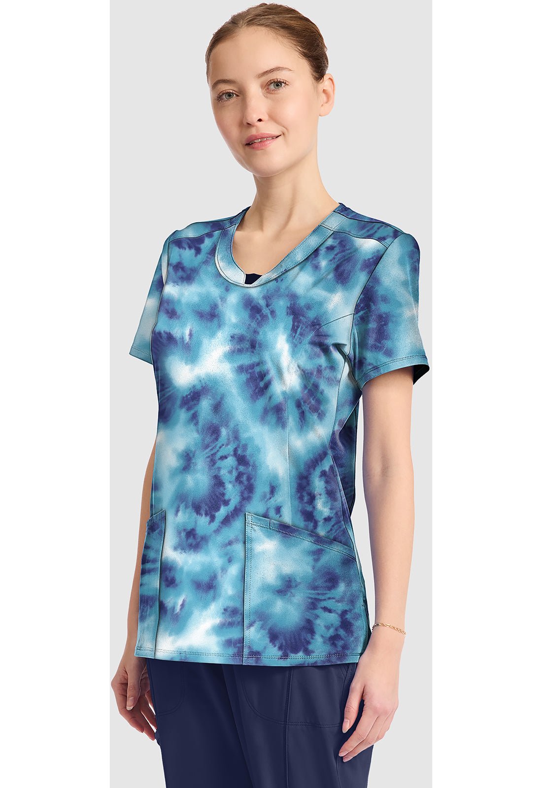 Saltwater Tie Dye Cherokee Infinity Print Round Neck Scrub Top CK609 STTD - Scrubs Select
