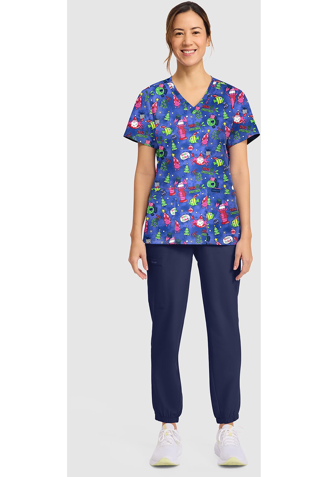 Santa Claws Cherokee Print Christmas V - Neck Scrub Top CK856 STCW - Scrubs Select