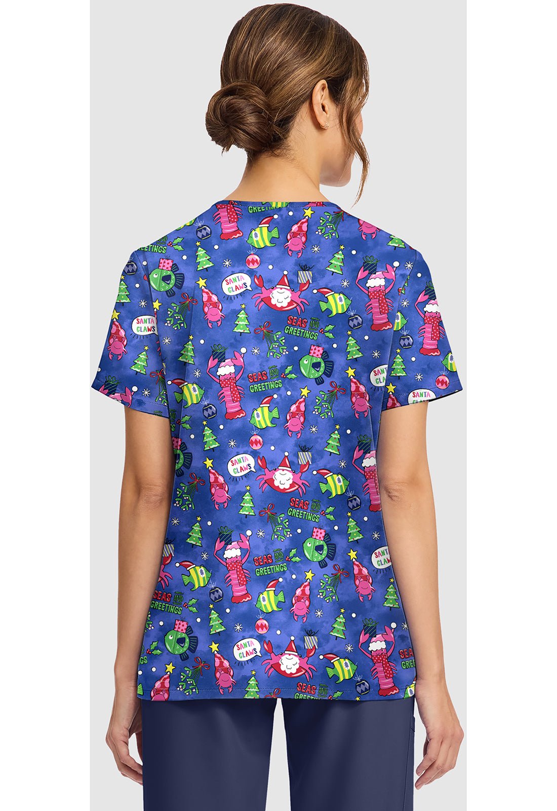 Santa Claws Cherokee Print Christmas V - Neck Scrub Top CK856 STCW - Scrubs Select