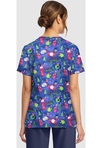 Santa Claws Cherokee Print Christmas V - Neck Scrub Top CK856 STCW - Scrubs Select