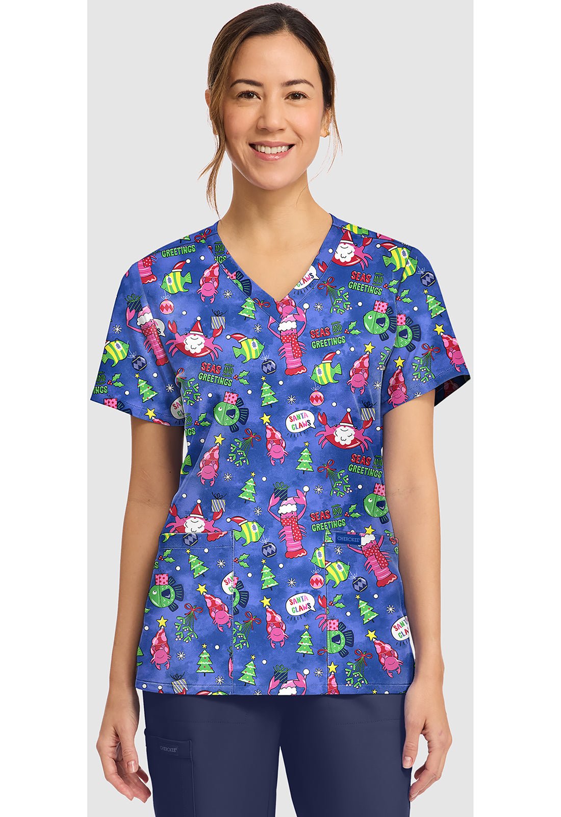 Santa Claws Cherokee Print Christmas V - Neck Scrub Top CK856 STCW - Scrubs Select