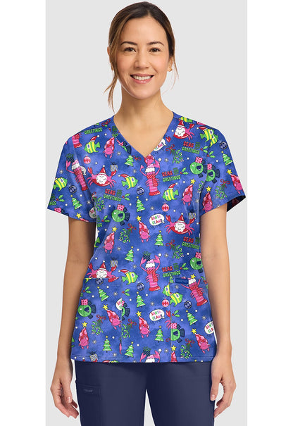 Santa Claws Cherokee Print Christmas V - Neck Scrub Top CK856 STCW - Scrubs Select