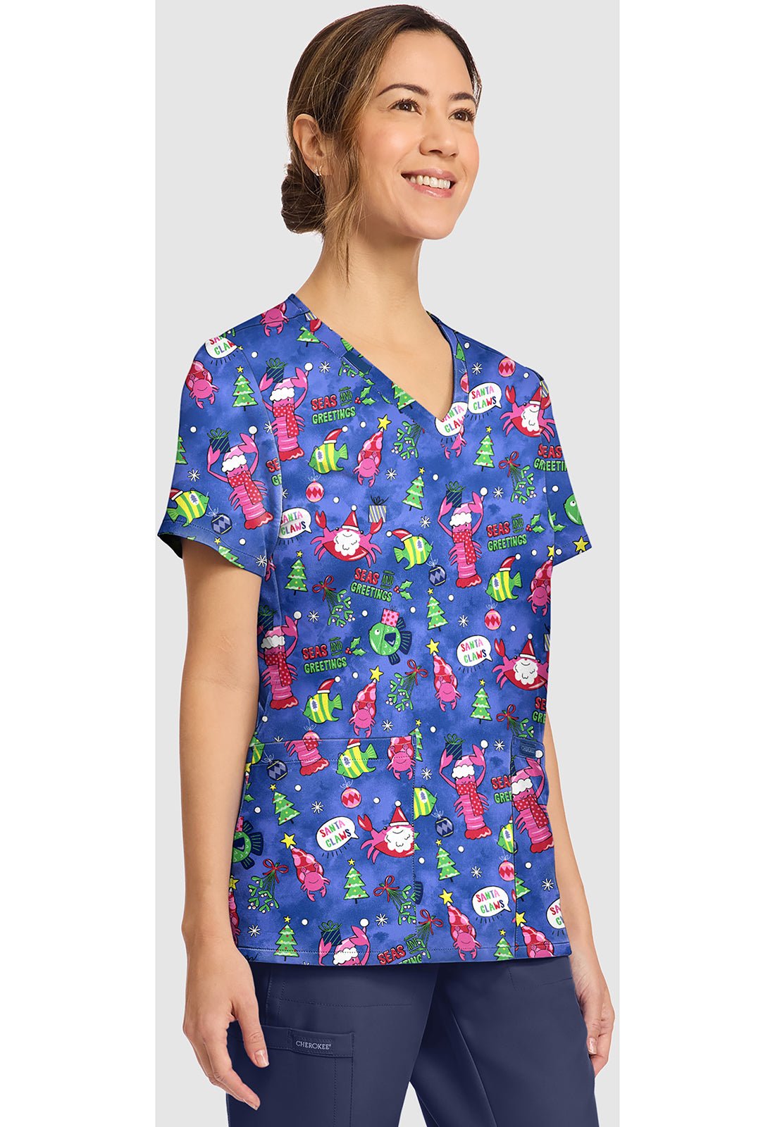 Santa Claws Cherokee Print Christmas V - Neck Scrub Top CK856 STCW - Scrubs Select