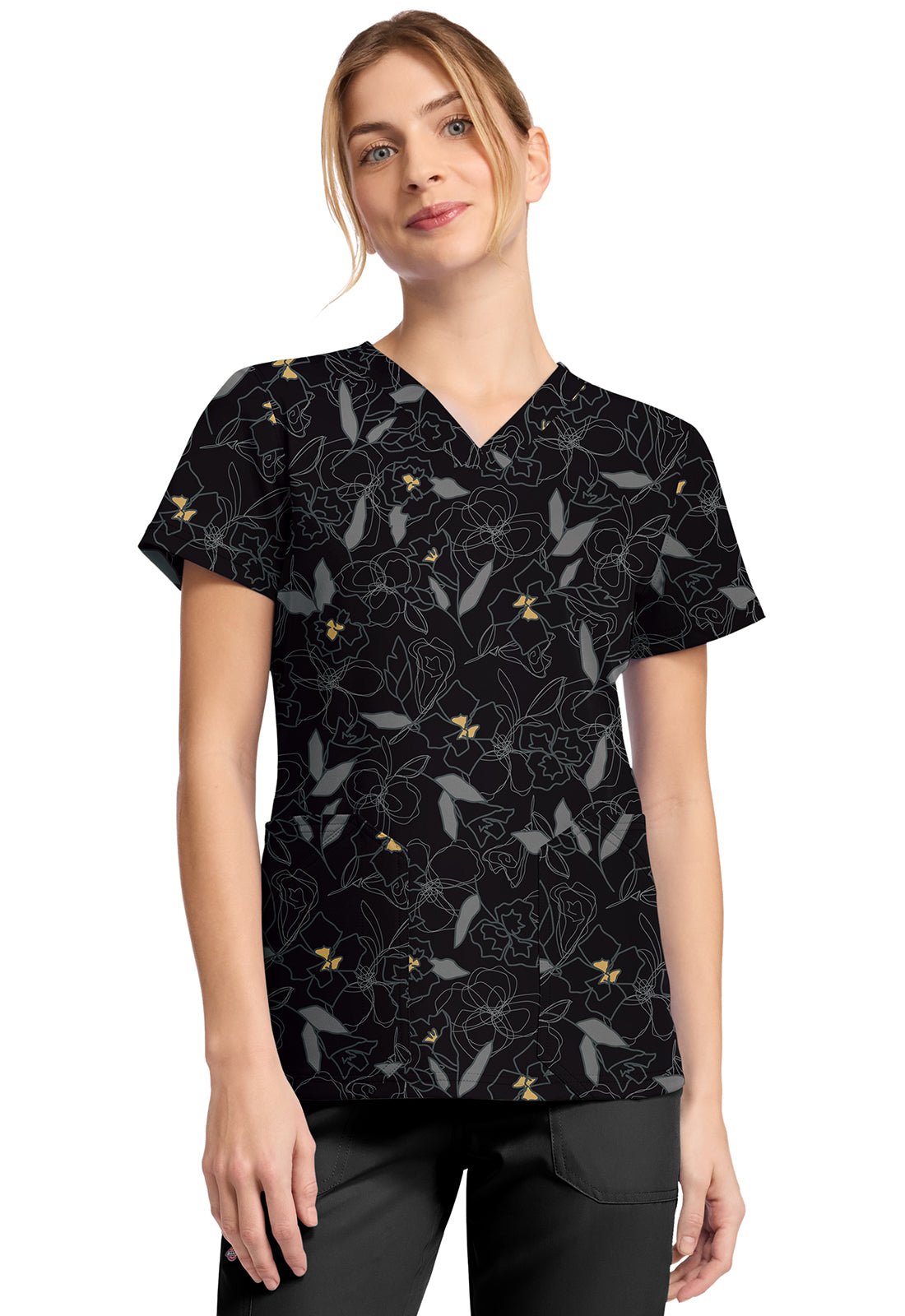 Scribble Floral Dickies Print V Neck Scrub Top DK667 SRFL - Scrubs Select