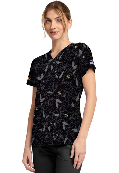 Scribble Floral Dickies Print V Neck Scrub Top DK667 SRFL - Scrubs Select
