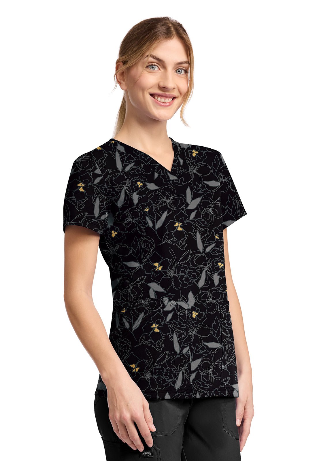 Scribble Floral Dickies Print V Neck Scrub Top DK667 SRFL - Scrubs Select