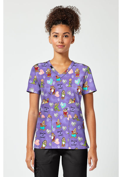 Seven Dwarves Tooniforms Licensed Disney Snow White V Neck Scrub Top TF796 GUYG - Scrubs Select