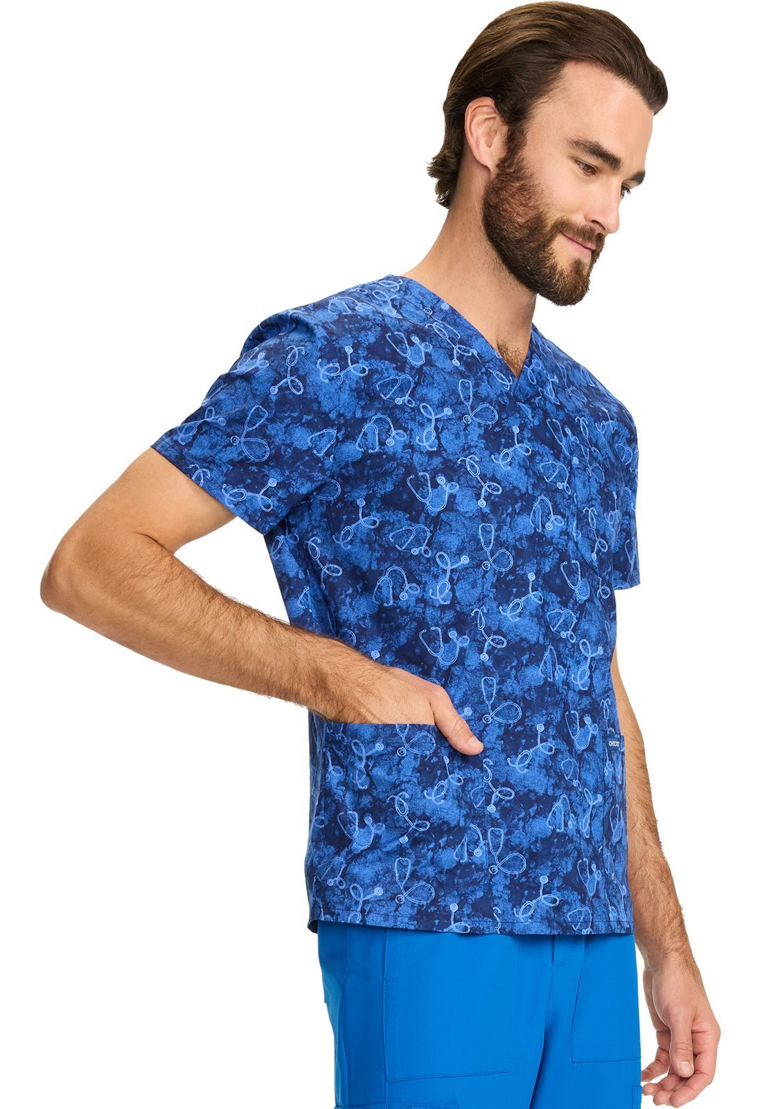Shibori Stethoscopes Cherokee Print Unisex V Neck Scrub Top CK858 SBSH - Scrubs Select
