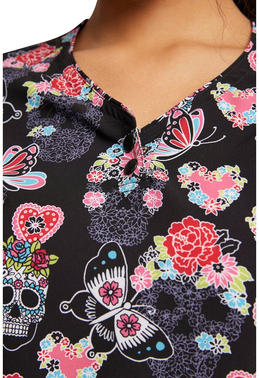 Skull Butterfly Cherokee iFlex Print V Neck Knit Panel Scrub Top CK732 SGSF - Scrubs Select